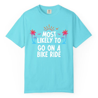 Most Likely to Go On a Bike Ride Shirt - Tropical Sunset Tee (Comfort Color) in Lagoon Blue - Most Likely To Go On A Bike Ride Tropical Sunset Palm Trees Shirt