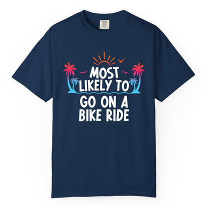 Most Likely to Go On a Bike Ride Shirt - Tropical Sunset Tee (Comfort Color) in Navy - Most Likely To Go On A Bike Ride Tropical Sunset Palm Trees Shirt