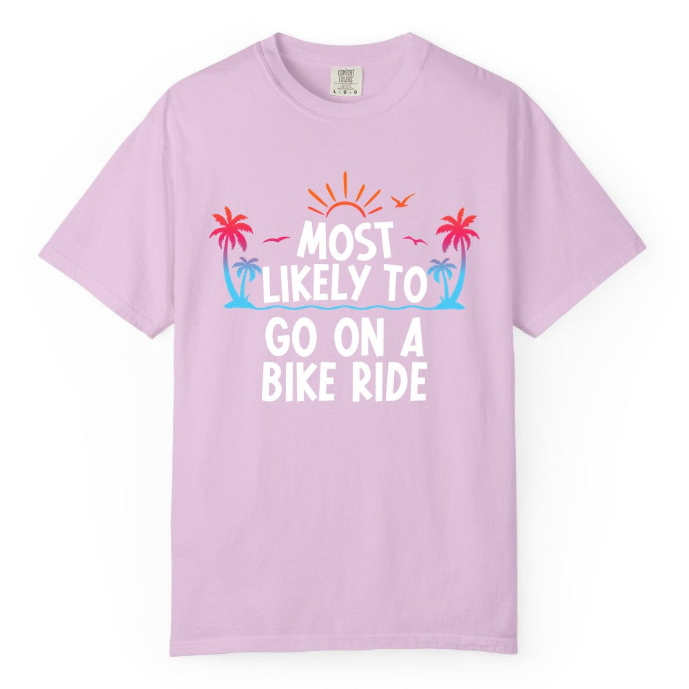 Most Likely to Go On a Bike Ride Shirt - Tropical Sunset Tee (Comfort Color) in Orchid - Most Likely To Go On A Bike Ride Tropical Sunset Palm Trees Shirt