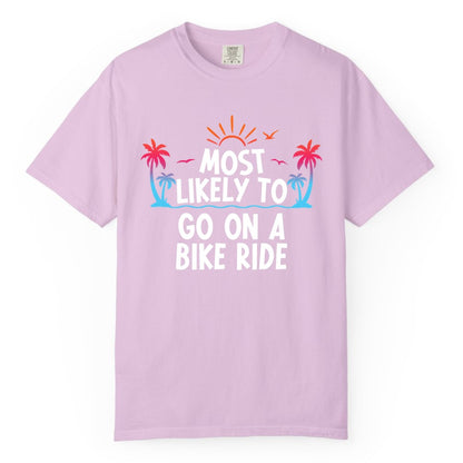 Most Likely to Go On a Bike Ride Shirt - Tropical Sunset Tee (Comfort Color) in Orchid - Most Likely To Go On A Bike Ride Tropical Sunset Palm Trees Shirt