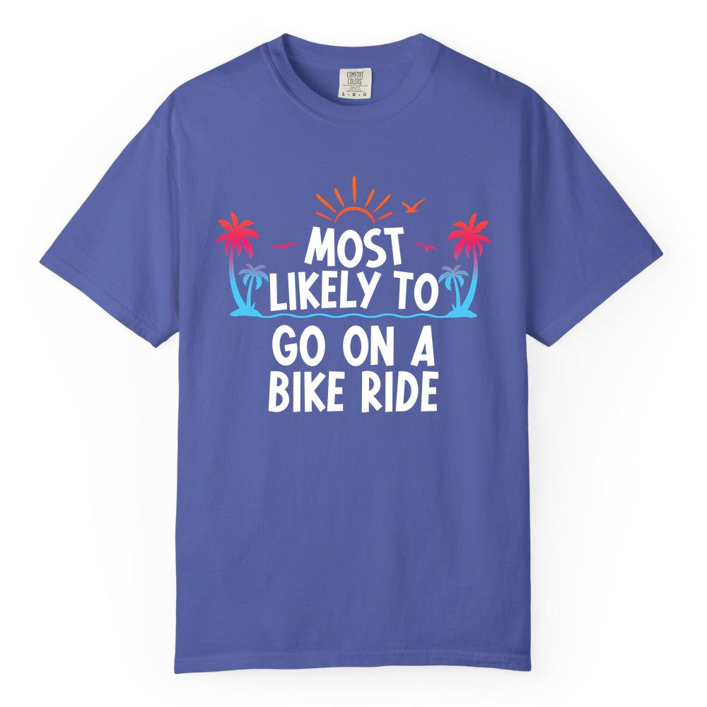 Most Likely to Go On a Bike Ride Shirt - Tropical Sunset Tee (Comfort Color) in Periwinkle - Most Likely To Go On A Bike Ride Tropical Sunset Palm Trees Shirt