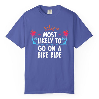 Most Likely to Go On a Bike Ride Shirt - Tropical Sunset Tee (Comfort Color) in Periwinkle - Most Likely To Go On A Bike Ride Tropical Sunset Palm Trees Shirt