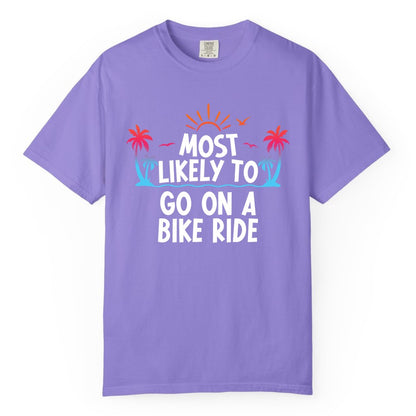 Most Likely to Go On a Bike Ride Shirt - Tropical Sunset Tee (Comfort Color) in Violet - Most Likely To Go On A Bike Ride Tropical Sunset Palm Trees Shirt