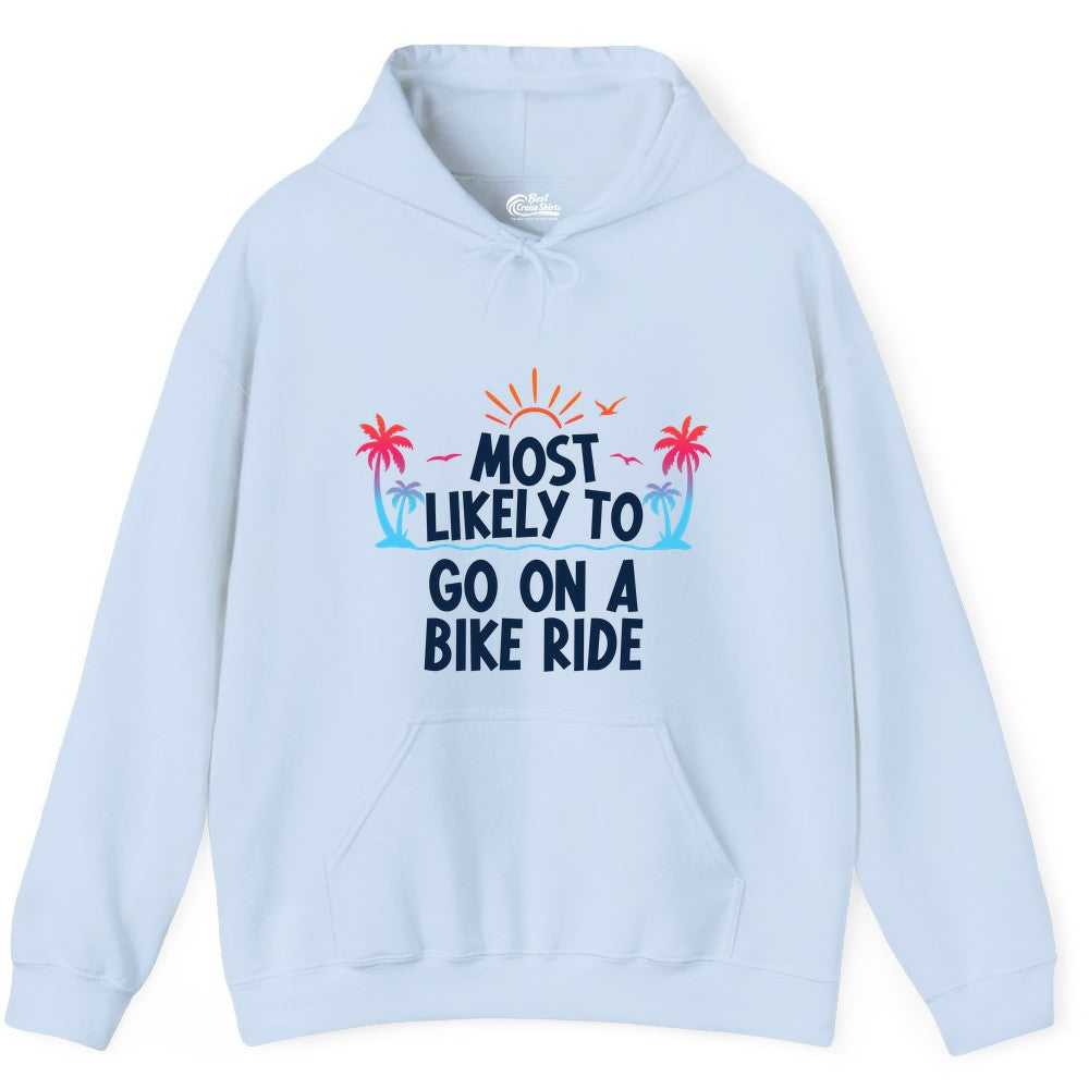 Most Likely to Go On a Bike Ride Shirt - Tropical Sunset Tee (Hoodie) in Light Blue - Most Likely To Go On A Bike Ride Tropical Sunset Palm Trees Shirt