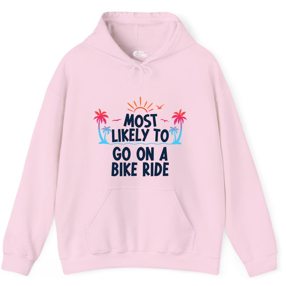 Most Likely to Go On a Bike Ride Shirt - Tropical Sunset Tee (Hoodie) in Light Pink - Most Likely To Go On A Bike Ride Tropical Sunset Palm Trees Shirt