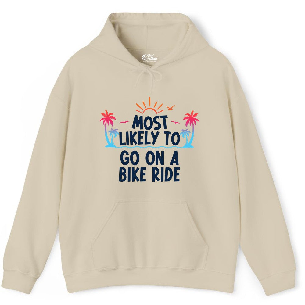 Most Likely to Go On a Bike Ride Shirt - Tropical Sunset Tee (Hoodie) in Sand - Most Likely To Go On A Bike Ride Tropical Sunset Palm Trees Shirt