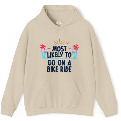 Most Likely to Go On a Bike Ride Shirt - Tropical Sunset Tee (Hoodie) in Sand - Most Likely To Go On A Bike Ride Tropical Sunset Palm Trees Shirt
