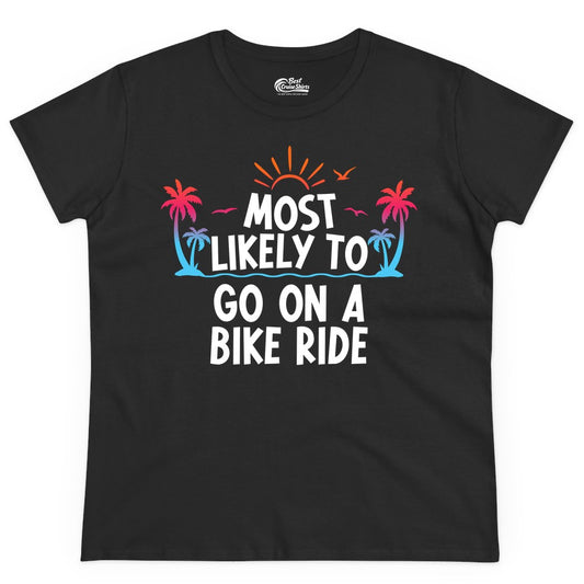 Most Likely to Go On a Bike Ride Shirt - Tropical Sunset Tee (Ladies Tee) in Black - Most Likely To Go On A Bike Ride Tropical Sunset Palm Trees Shirt
