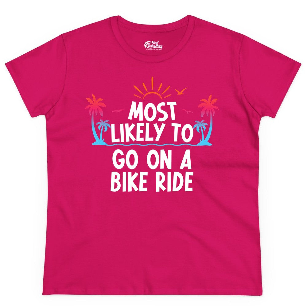Most Likely to Go On a Bike Ride Shirt - Tropical Sunset Tee (Ladies Tee) in Heliconia - Most Likely To Go On A Bike Ride Tropical Sunset Palm Trees Shirt