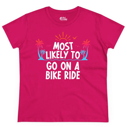 Most Likely to Go On a Bike Ride Shirt - Tropical Sunset Tee (Ladies Tee) in Heliconia - Most Likely To Go On A Bike Ride Tropical Sunset Palm Trees Shirt