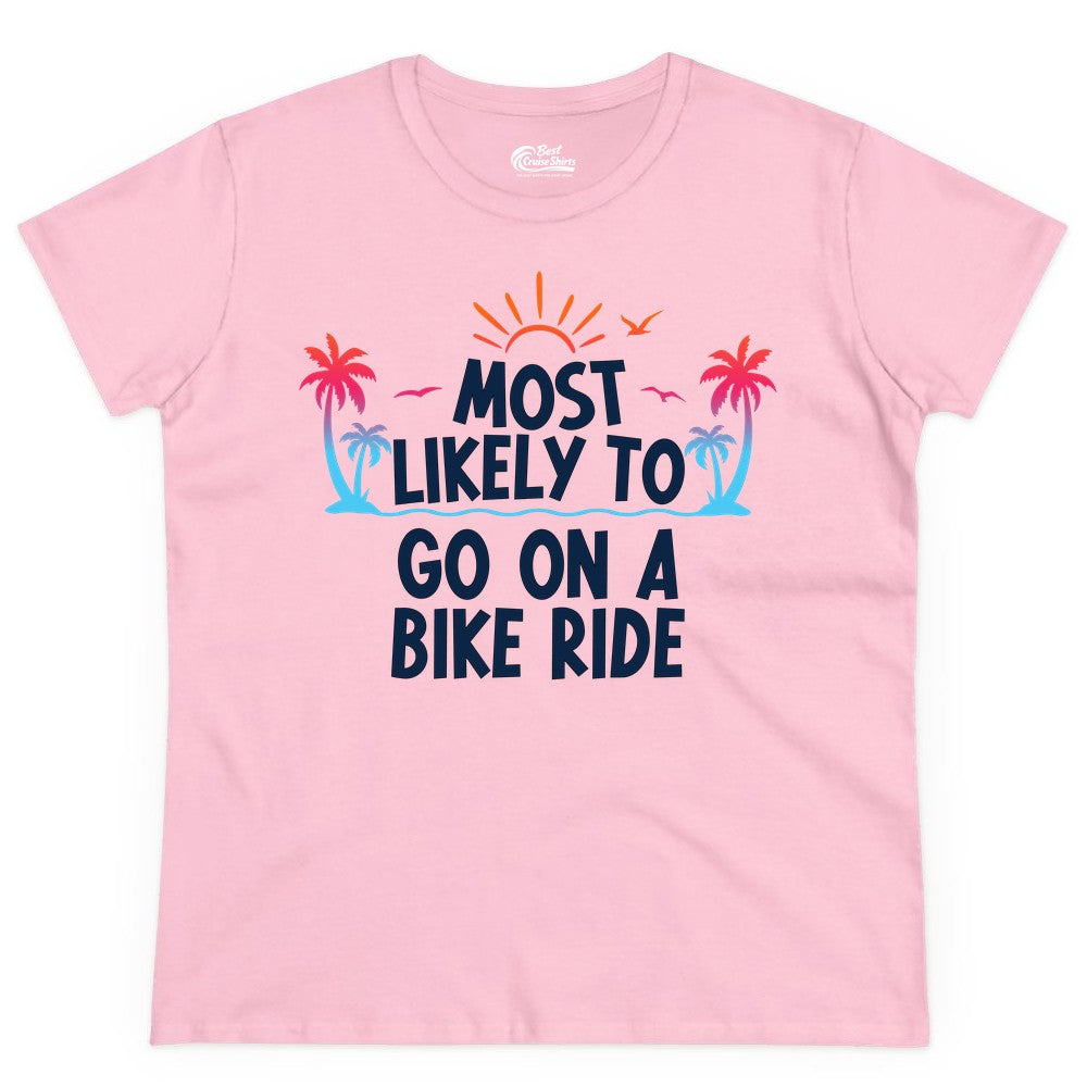 Most Likely to Go On a Bike Ride Shirt - Tropical Sunset Tee (Ladies Tee) in Light Pink - Most Likely To Go On A Bike Ride Tropical Sunset Palm Trees Shirt