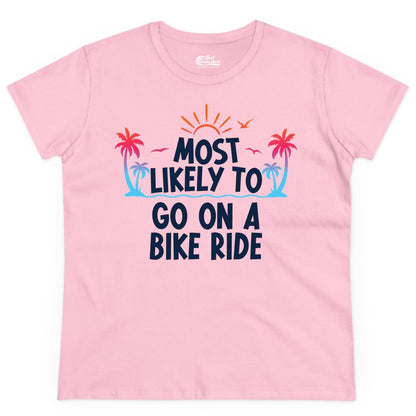Most Likely to Go On a Bike Ride Shirt - Tropical Sunset Tee (Ladies Tee) in Light Pink - Most Likely To Go On A Bike Ride Tropical Sunset Palm Trees Shirt