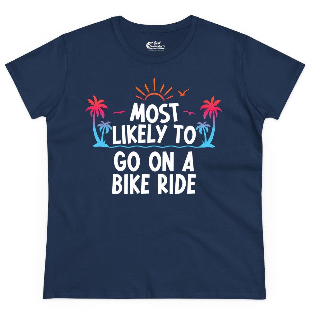 Most Likely to Go On a Bike Ride Shirt - Tropical Sunset Tee (Ladies Tee) in Navy - Most Likely To Go On A Bike Ride Tropical Sunset Palm Trees Shirt