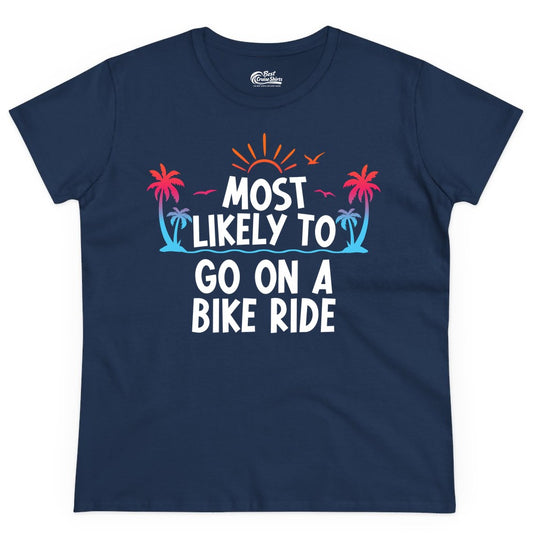 Most Likely to Go On a Bike Ride Shirt - Tropical Sunset Tee (Ladies Tee) in Navy - Most Likely To Go On A Bike Ride Tropical Sunset Palm Trees Shirt