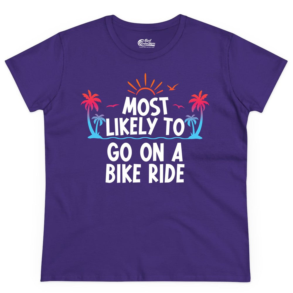 Most Likely to Go On a Bike Ride Shirt - Tropical Sunset Tee (Ladies Tee) in Purple - Most Likely To Go On A Bike Ride Tropical Sunset Palm Trees Shirt