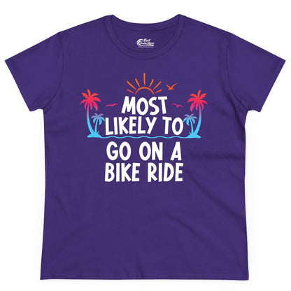 Most Likely to Go On a Bike Ride Shirt - Tropical Sunset Tee (Ladies Tee) in Purple - Most Likely To Go On A Bike Ride Tropical Sunset Palm Trees Shirt