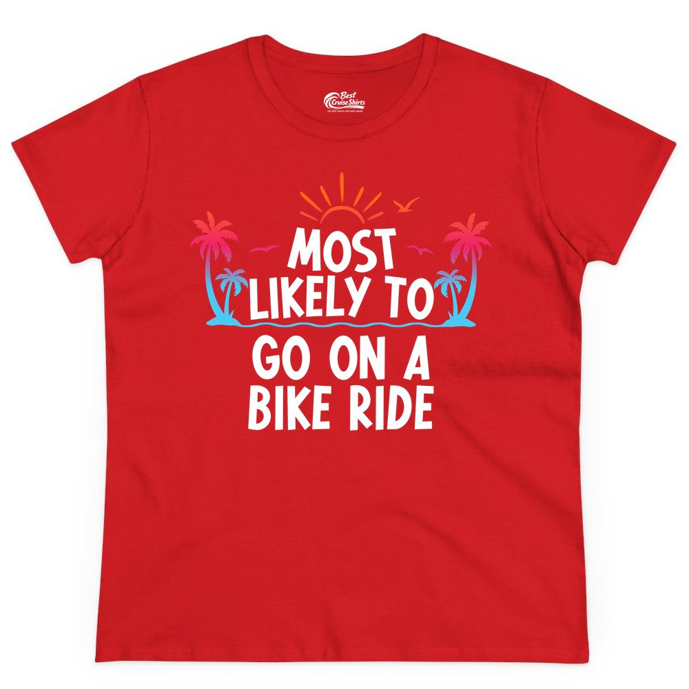 Most Likely to Go On a Bike Ride Shirt - Tropical Sunset Tee (Ladies Tee) in Red - Most Likely To Go On A Bike Ride Tropical Sunset Palm Trees Shirt