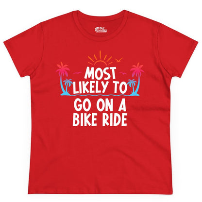 Most Likely to Go On a Bike Ride Shirt - Tropical Sunset Tee (Ladies Tee) in Red - Most Likely To Go On A Bike Ride Tropical Sunset Palm Trees Shirt