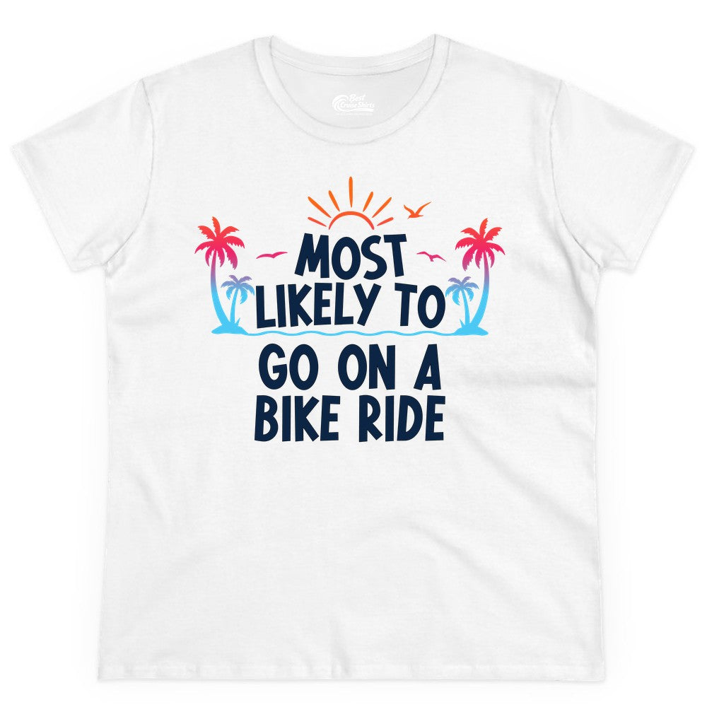 Most Likely to Go On a Bike Ride Shirt - Tropical Sunset Tee (Ladies Tee) in White - Most Likely To Go On A Bike Ride Tropical Sunset Palm Trees Shirt