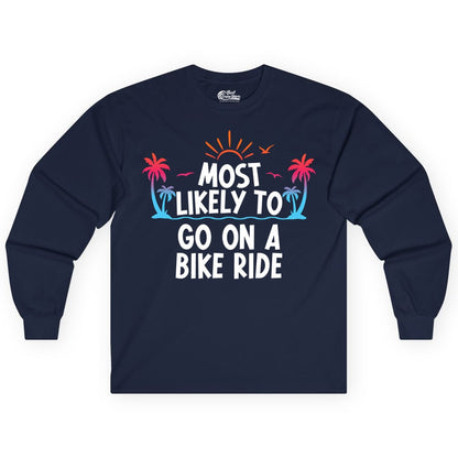 Most Likely to Go On a Bike Ride Shirt - Tropical Sunset Tee (Long Sleeve) in Navy - Most Likely To Go On A Bike Ride Tropical Sunset Palm Trees Shirt
