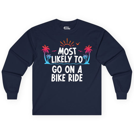 Most Likely to Go On a Bike Ride Shirt - Tropical Sunset Tee (Long Sleeve) in Navy - Most Likely To Go On A Bike Ride Tropical Sunset Palm Trees Shirt
