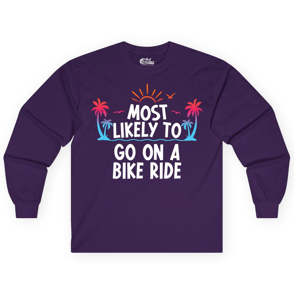 Most Likely to Go On a Bike Ride Shirt - Tropical Sunset Tee (Long Sleeve) in Purple - Most Likely To Go On A Bike Ride Tropical Sunset Palm Trees Shirt