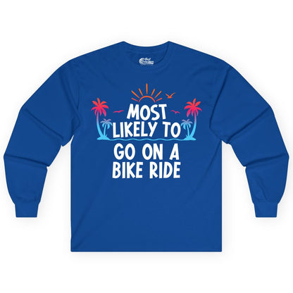 Most Likely to Go On a Bike Ride Shirt - Tropical Sunset Tee (Long Sleeve) in Royal - Most Likely To Go On A Bike Ride Tropical Sunset Palm Trees Shirt
