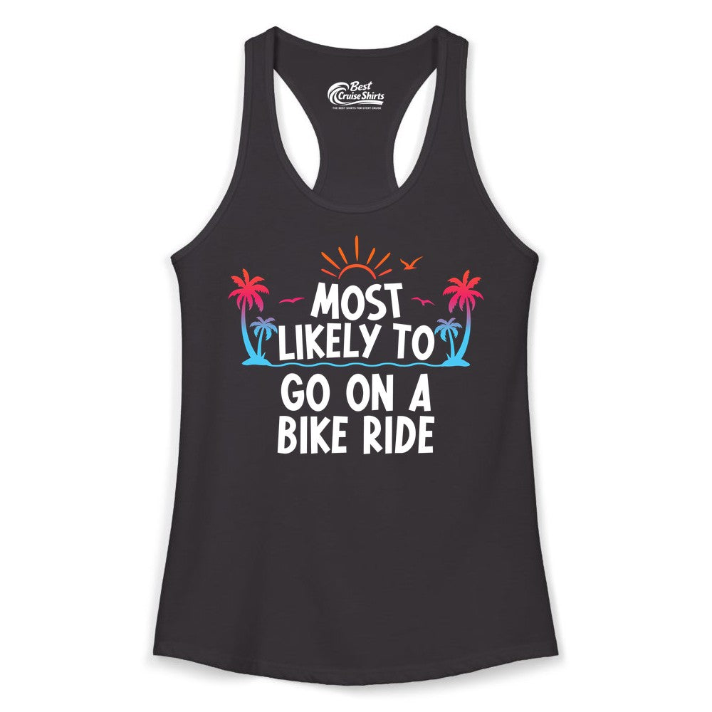 Most Likely to Go On a Bike Ride Shirt - Tropical Sunset Tee (Ladies Tank) in Black - Most Likely To Go On A Bike Ride Tropical Sunset Palm Trees Shirt