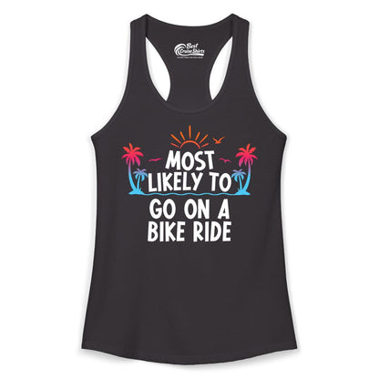 Most Likely to Go On a Bike Ride Shirt - Tropical Sunset Tee (Ladies Tank) in Black - Most Likely To Go On A Bike Ride Tropical Sunset Palm Trees Shirt