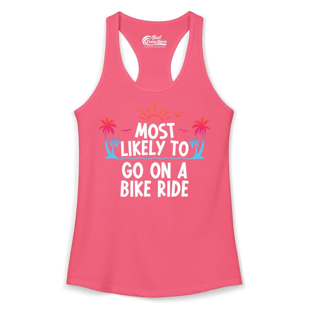 Most Likely to Go On a Bike Ride Shirt - Tropical Sunset Tee (Ladies Tank) in Hot Pink - Most Likely To Go On A Bike Ride Tropical Sunset Palm Trees Shirt