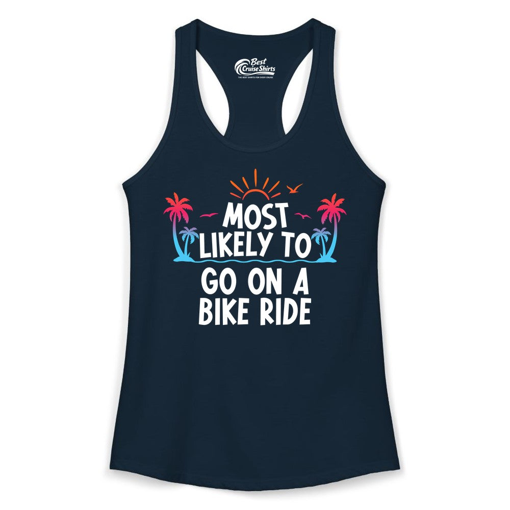 Most Likely to Go On a Bike Ride Shirt - Tropical Sunset Tee (Ladies Tank) in Solid Midnight Navy - Most Likely To Go On A Bike Ride Tropical Sunset Palm Trees Shirt