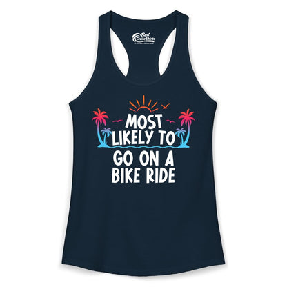 Most Likely to Go On a Bike Ride Shirt - Tropical Sunset Tee (Ladies Tank) in Solid Midnight Navy - Most Likely To Go On A Bike Ride Tropical Sunset Palm Trees Shirt