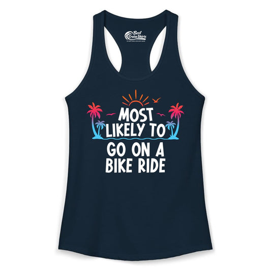 Most Likely to Go On a Bike Ride Shirt - Tropical Sunset Tee (Ladies Tank) in Solid Midnight Navy - Most Likely To Go On A Bike Ride Tropical Sunset Palm Trees Shirt