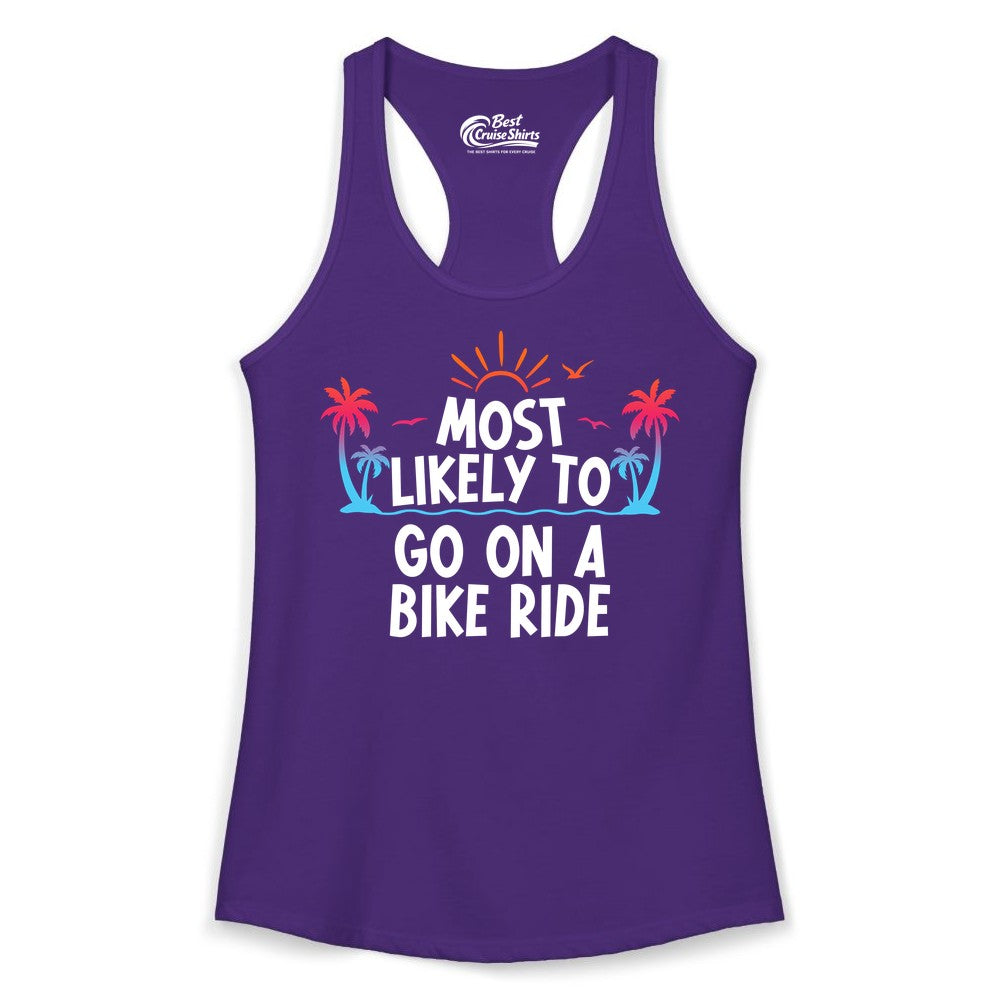Most Likely to Go On a Bike Ride Shirt - Tropical Sunset Tee (Ladies Tank) in Solid Purple Rush - Most Likely To Go On A Bike Ride Tropical Sunset Palm Trees Shirt