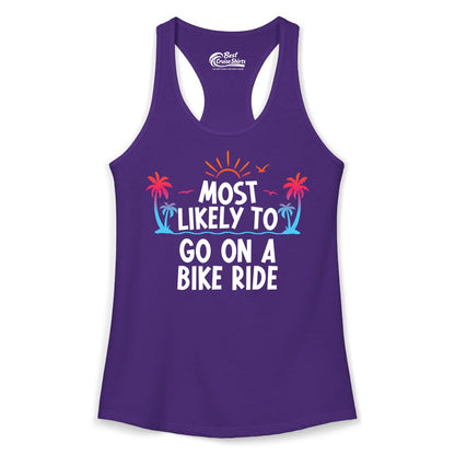 Most Likely to Go On a Bike Ride Shirt - Tropical Sunset Tee (Ladies Tank) in Solid Purple Rush - Most Likely To Go On A Bike Ride Tropical Sunset Palm Trees Shirt