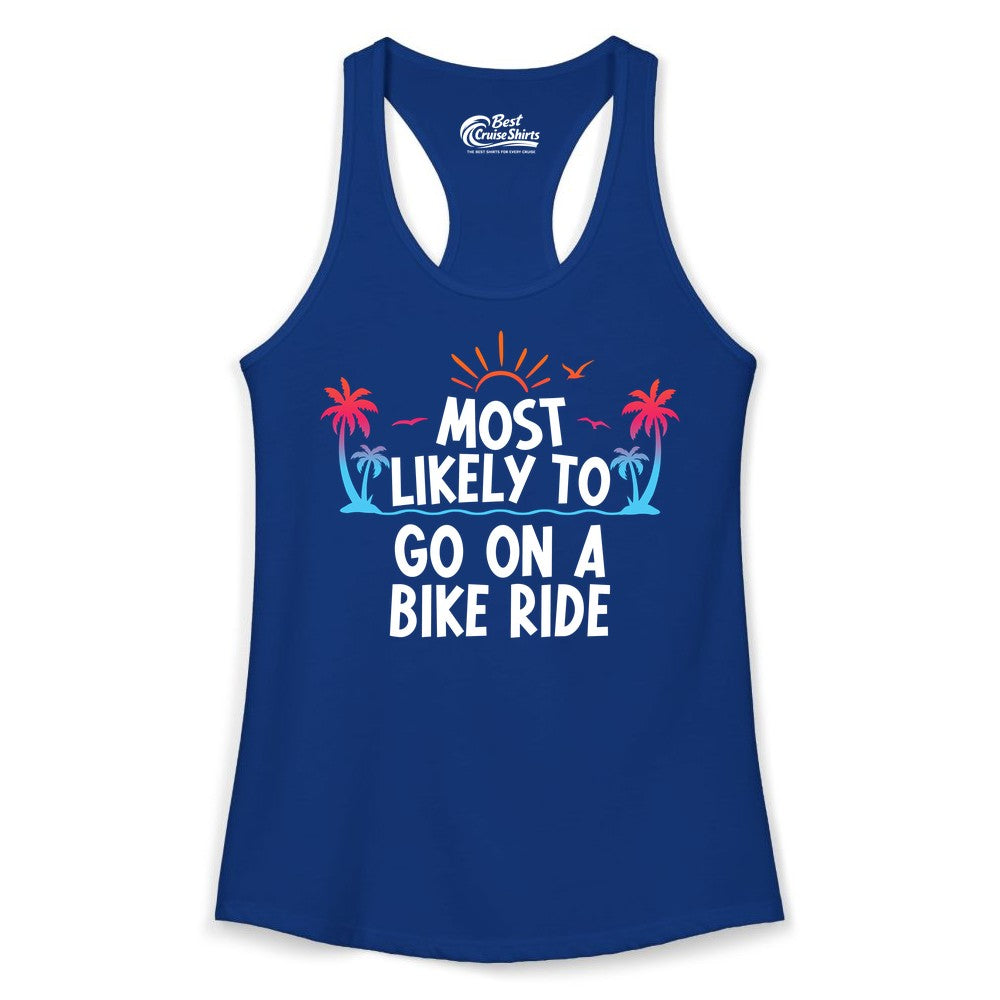 Most Likely to Go On a Bike Ride Shirt - Tropical Sunset Tee (Ladies Tank) in Solid Royal - Most Likely To Go On A Bike Ride Tropical Sunset Palm Trees Shirt