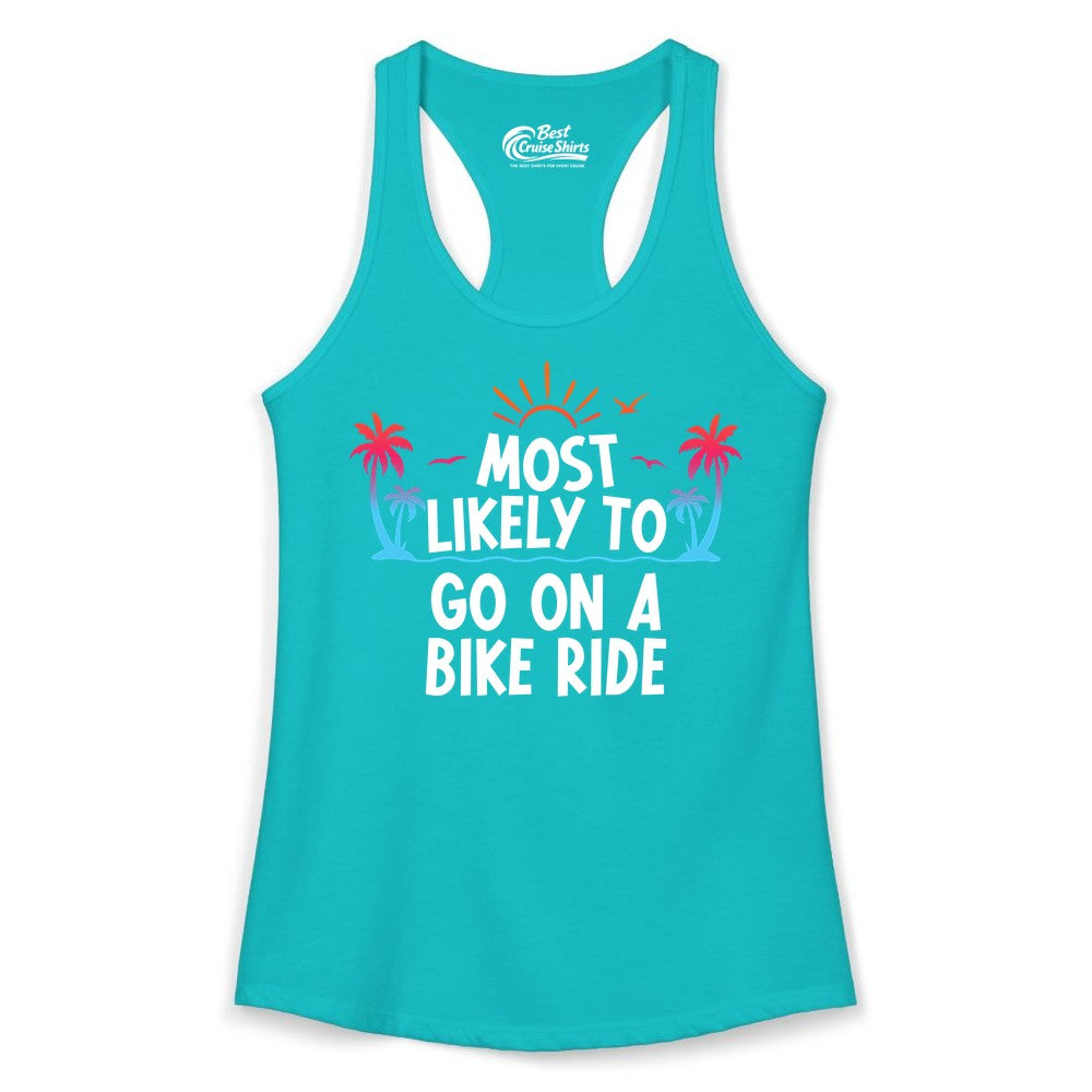 Most Likely to Go On a Bike Ride Shirt - Tropical Sunset Tee (Ladies Tank) in Tahiti Blue - Most Likely To Go On A Bike Ride Tropical Sunset Palm Trees Shirt
