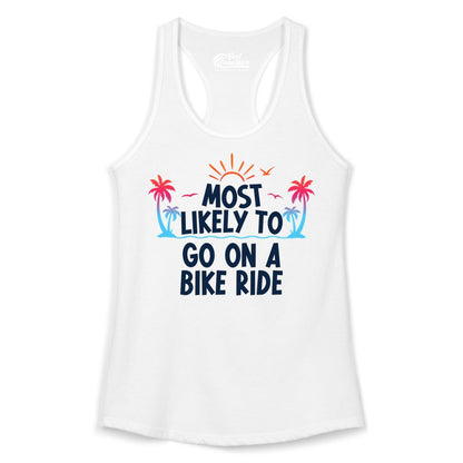 Most Likely to Go On a Bike Ride Shirt - Tropical Sunset Tee (Ladies Tank) in White - Most Likely To Go On A Bike Ride Tropical Sunset Palm Trees Shirt