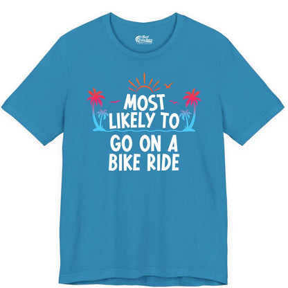 Most Likely to Go On a Bike Ride Shirt - Tropical Sunset Tee (Premium Tee) in Aqua - Most Likely To Go On A Bike Ride Tropical Sunset Palm Trees Shirt