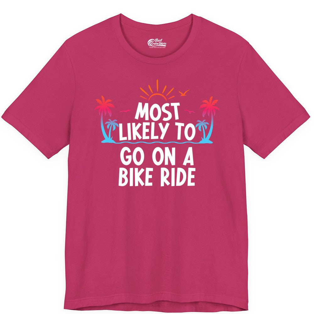Most Likely to Go On a Bike Ride Shirt - Tropical Sunset Tee (Premium Tee) in Berry - Most Likely To Go On A Bike Ride Tropical Sunset Palm Trees Shirt