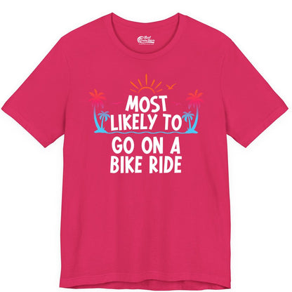 Most Likely to Go On a Bike Ride Shirt - Tropical Sunset Tee (Premium Tee) in Fuchsia - Most Likely To Go On A Bike Ride Tropical Sunset Palm Trees Shirt