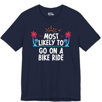 Most Likely to Go On a Bike Ride Shirt - Tropical Sunset Tee (Premium Tee) in Navy - Most Likely To Go On A Bike Ride Tropical Sunset Palm Trees Shirt