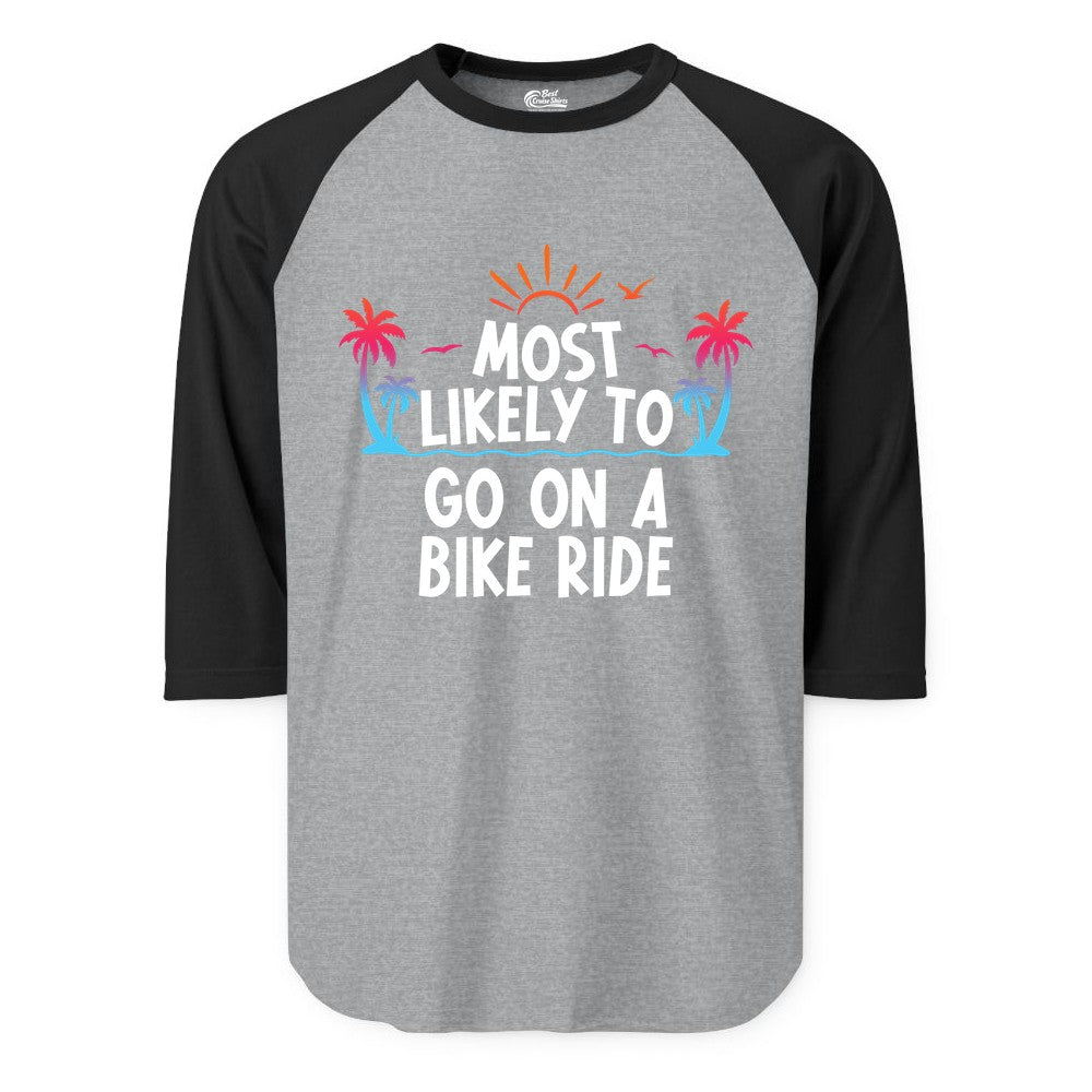 Most Likely to Go On a Bike Ride Shirt - Tropical Sunset Tee (Raglan) in Heather GreyBlack - Most Likely To Go On A Bike Ride Tropical Sunset Palm Trees Shirt