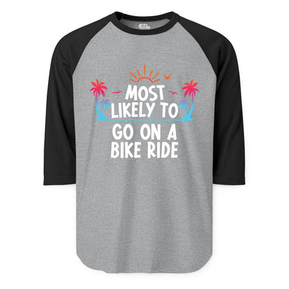 Most Likely to Go On a Bike Ride Shirt - Tropical Sunset Tee (Raglan) in Heather GreyBlack - Most Likely To Go On A Bike Ride Tropical Sunset Palm Trees Shirt