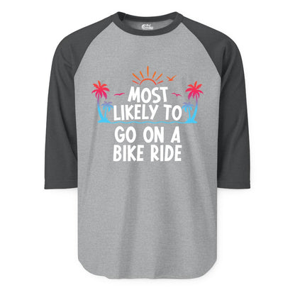 Most Likely to Go On a Bike Ride Shirt - Tropical Sunset Tee (Raglan) in Heather GreyHeather Charcoal - Most Likely To Go On A Bike Ride Tropical Sunset Palm Trees Shirt