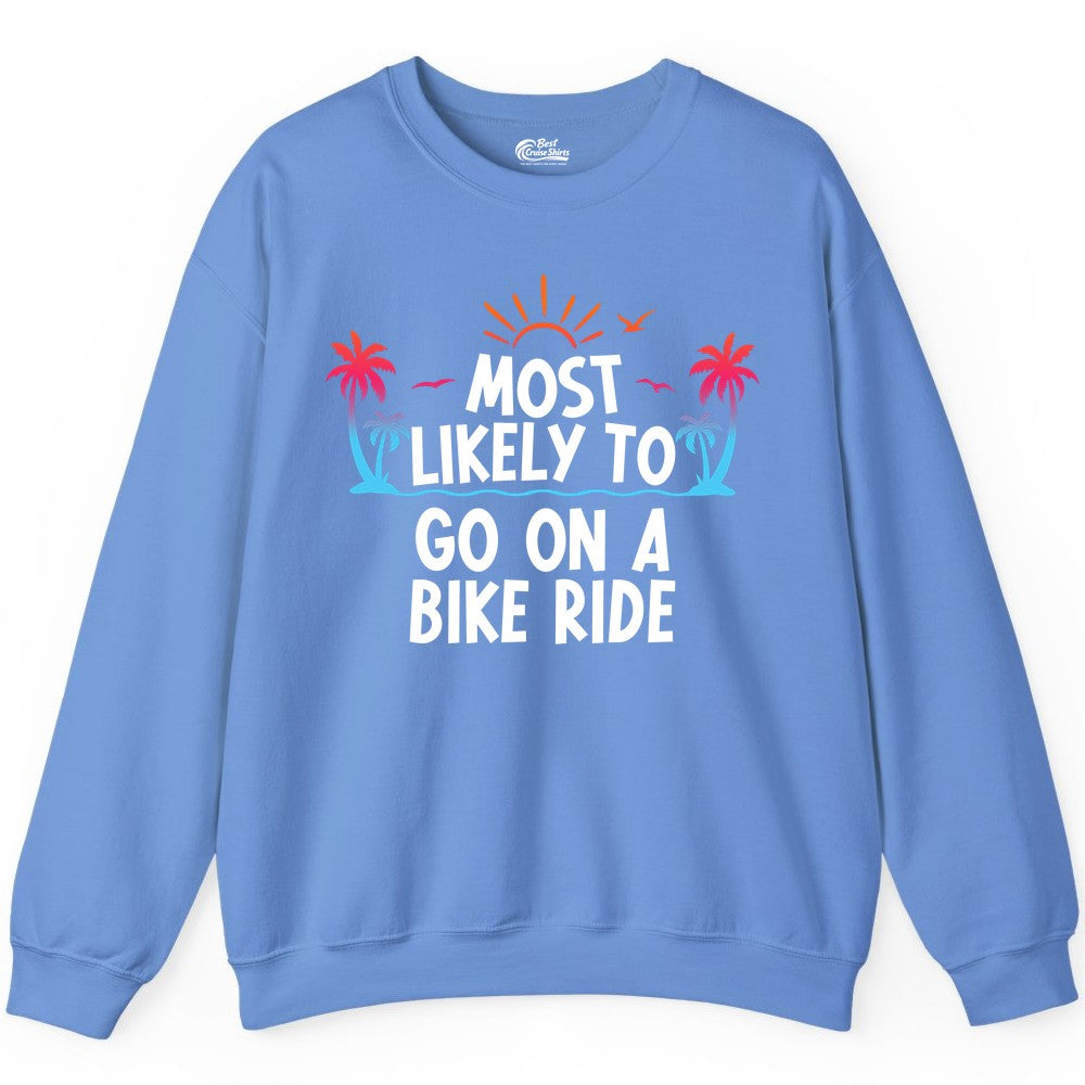Most Likely to Go On a Bike Ride Shirt - Tropical Sunset Tee (Sweatshirt) in Carolina Blue - Most Likely To Go On A Bike Ride Tropical Sunset Palm Trees Shirt