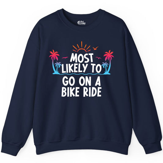 Most Likely to Go On a Bike Ride Shirt - Tropical Sunset Tee (Sweatshirt) in Navy - Most Likely To Go On A Bike Ride Tropical Sunset Palm Trees Shirt