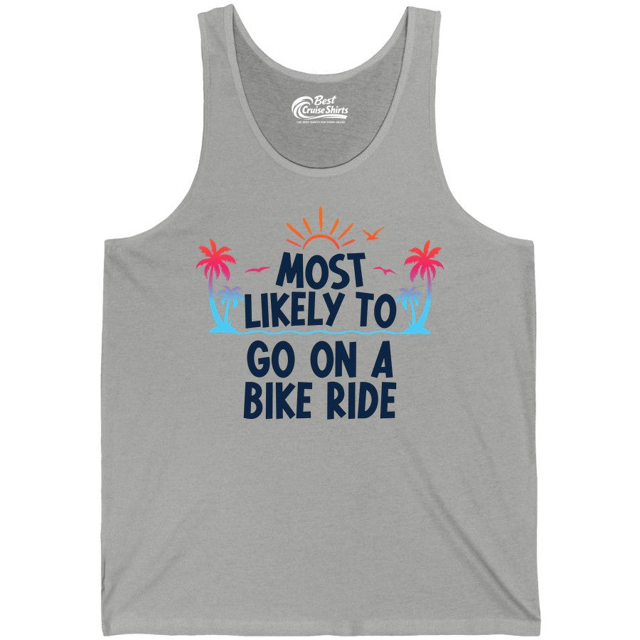 Most Likely to Go On a Bike Ride Shirt - Tropical Sunset Tee (Tank Top) in Athletic Heather - Most Likely To Go On A Bike Ride Tropical Sunset Palm Trees Shirt