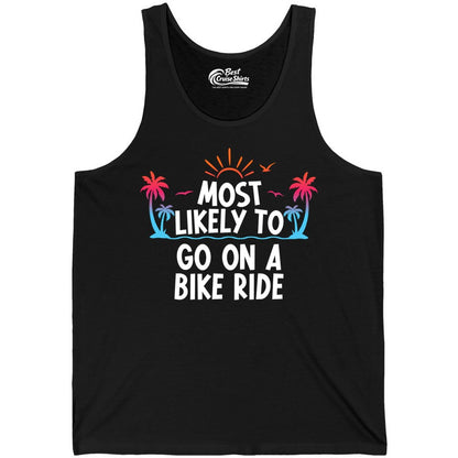 Most Likely to Go On a Bike Ride Shirt - Tropical Sunset Tee (Tank Top) in Black - Most Likely To Go On A Bike Ride Tropical Sunset Palm Trees Shirt