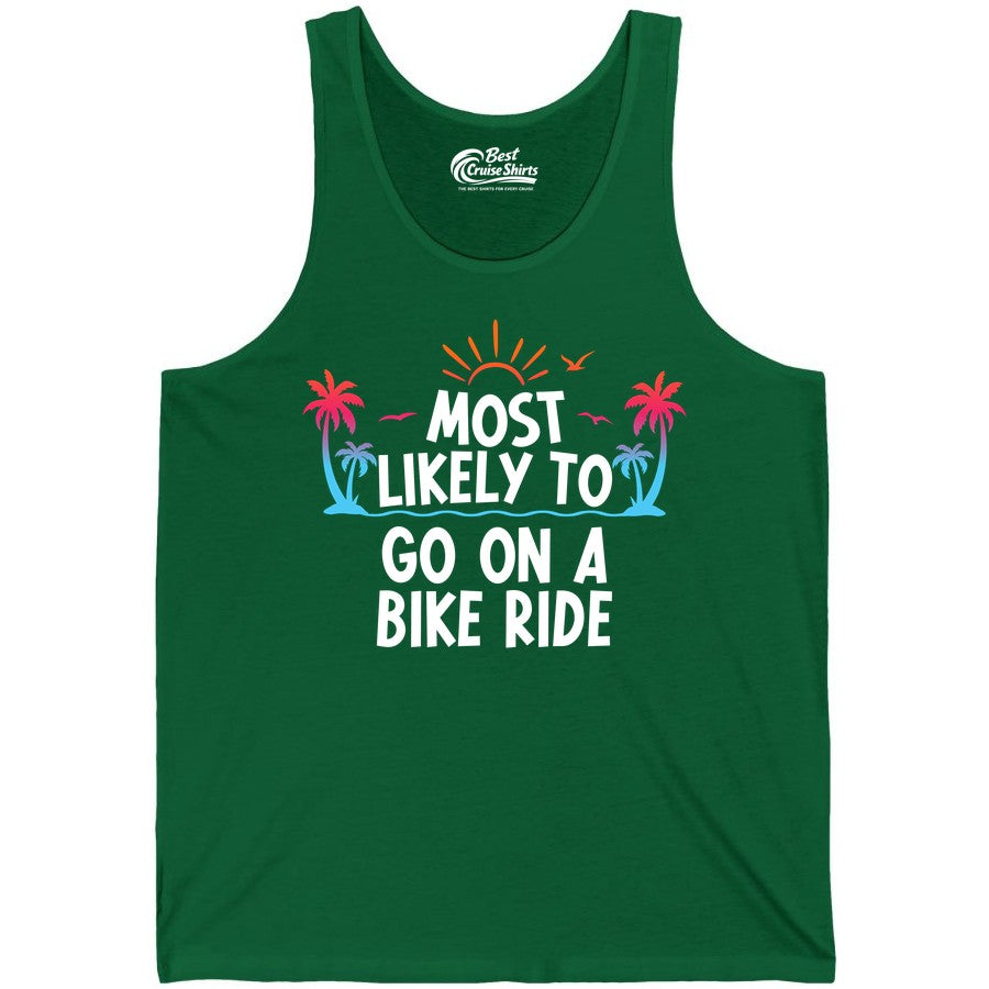 Most Likely to Go On a Bike Ride Shirt - Tropical Sunset Tee (Tank Top) in Kelly - Most Likely To Go On A Bike Ride Tropical Sunset Palm Trees Shirt